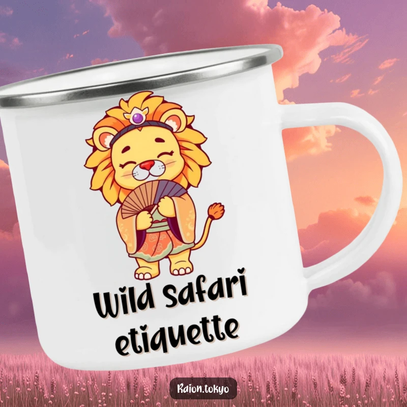 Funny Camping Mug with a regal lion wearing a vibrant kimono, bowing gracefully, for outdoor art lovers.