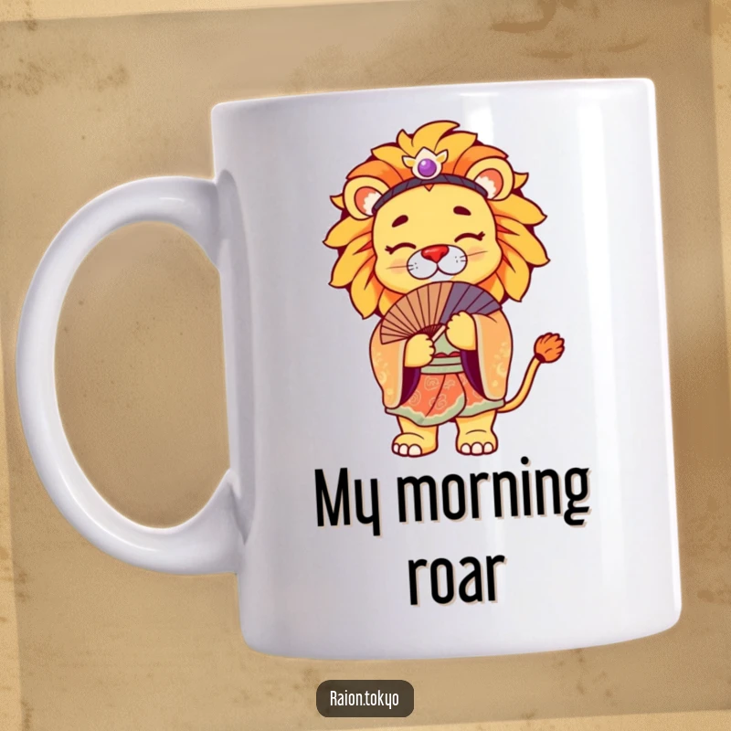 Funny Mug with a regal lion wearing a vibrant kimono, gracefully bowing with a fan, elegant design.