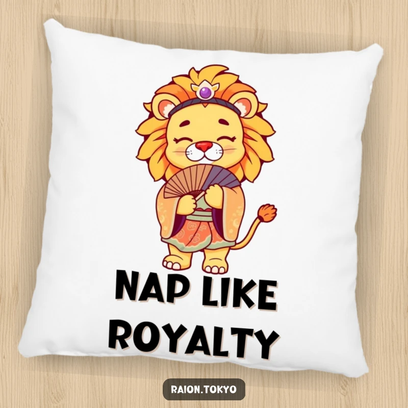 Funny Pillow decorated with a regal lion in a vibrant kimono, bowing with a fan, stylish accent.