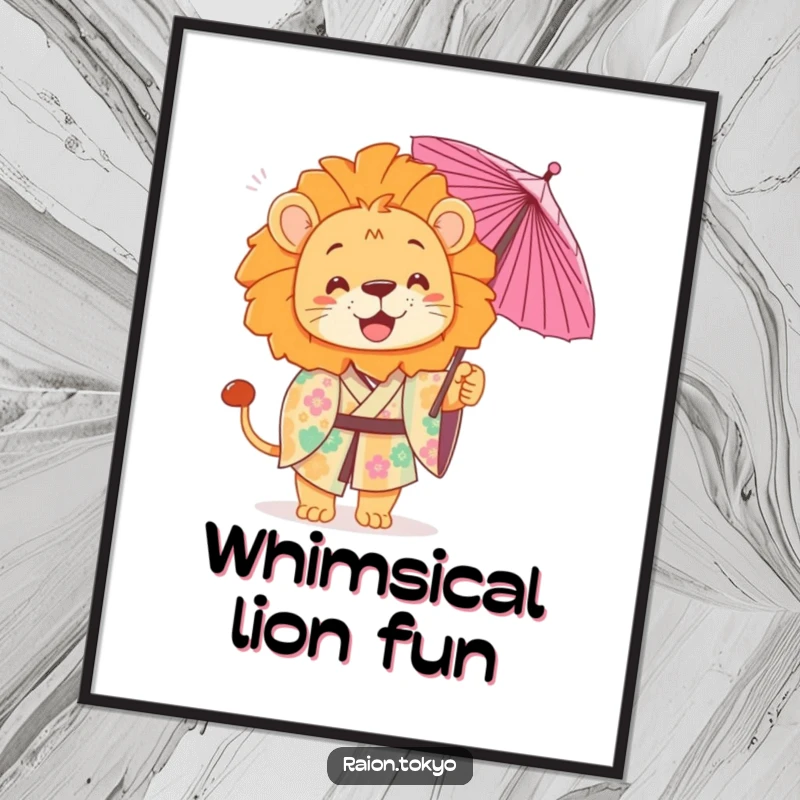 Funny Digital Art Print of a playful lion in a colorful kimono, tossing a delicate paper umbrella.