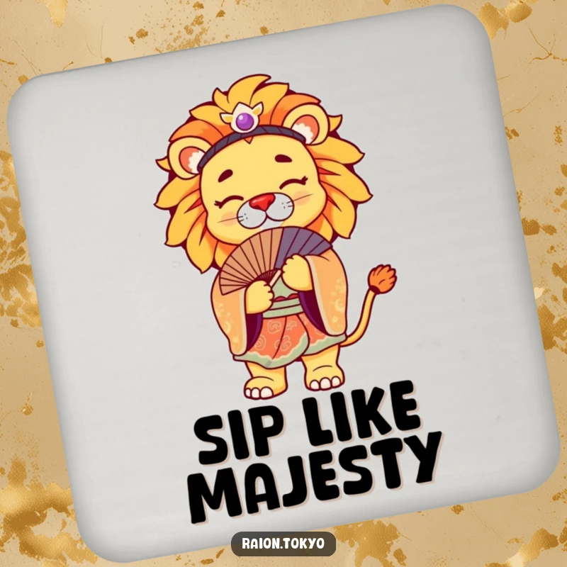 Funny Drink Coasters showcasing a regal lion in a vibrant kimono, bowing gracefully, artistic protection.