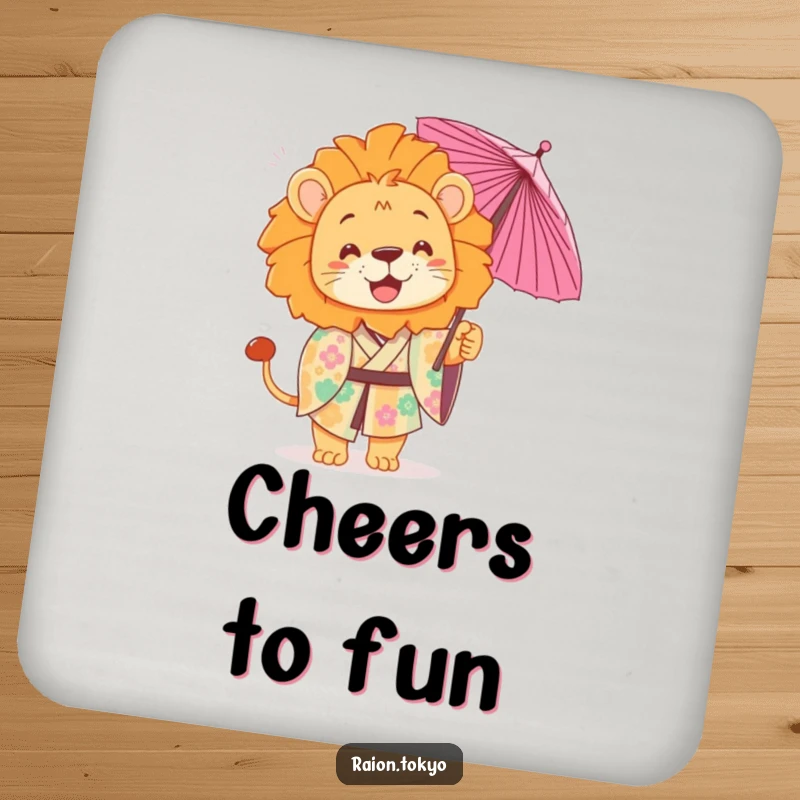Funny Drink Coasters showcasing a playful lion in a colorful kimono, tossing a delicate paper umbrella, artistic protection.