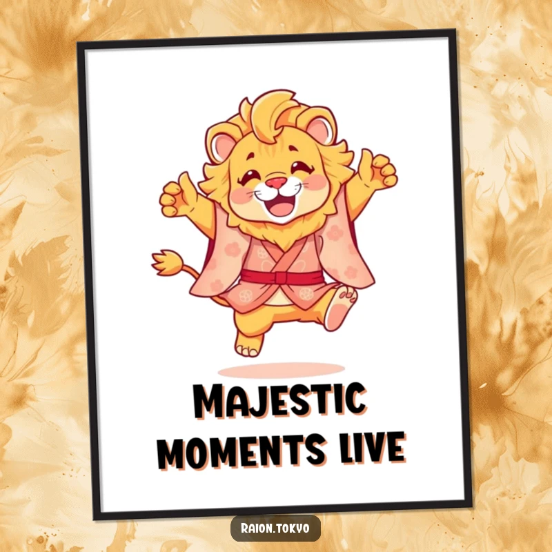Funny poster art of a lion in a detailed kimono leaping gracefully, embodying joy and a sense of freedom.