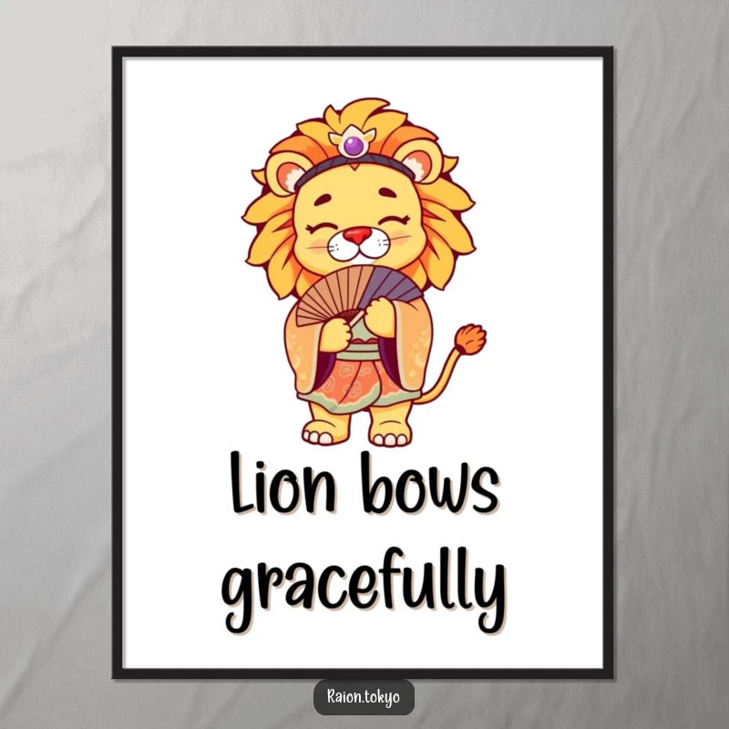 Funny Poster featuring a regal lion wearing a vibrant kimono, bowing gracefully with a fan, art decor.