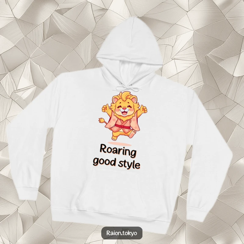 Funny hoodie showing a happy lion in a traditional kimono executing a dynamic, joyful leap, radiating positive energy.