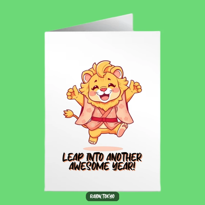 Free Printable Birthday Card: Funny Lion in Kimono Leap, Downloadable & DIY Gift