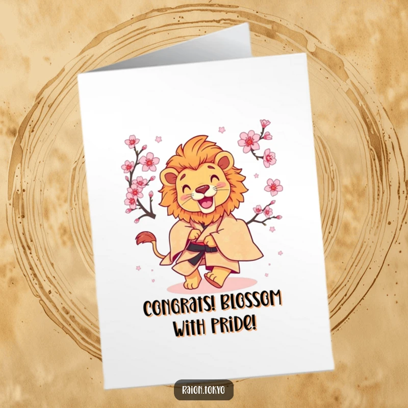 Funny Free Printable Congrats Card: Lion in a silk kimono playfully chasing a single, floating cherry blossom.