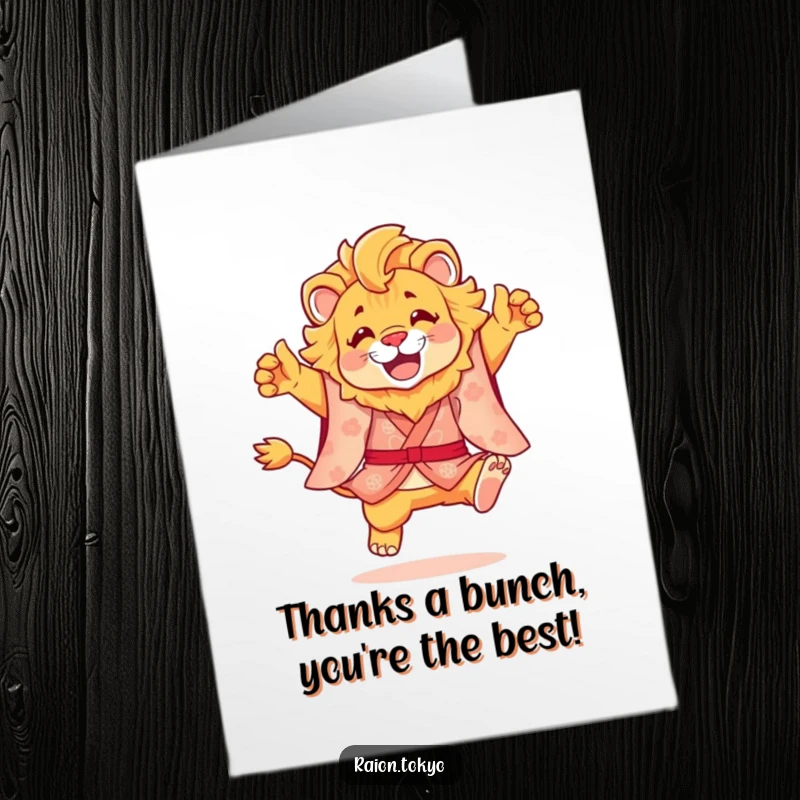 Funny Free Printable Thank You Card: A lion in a stunning kimono joyfully leaping to express gratitude.