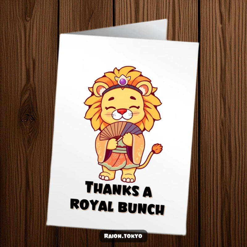 Funny Free Printable Thank You Card: a regal lion in a vibrant kimono bowing with a fan, a dignified downloadable thank you.