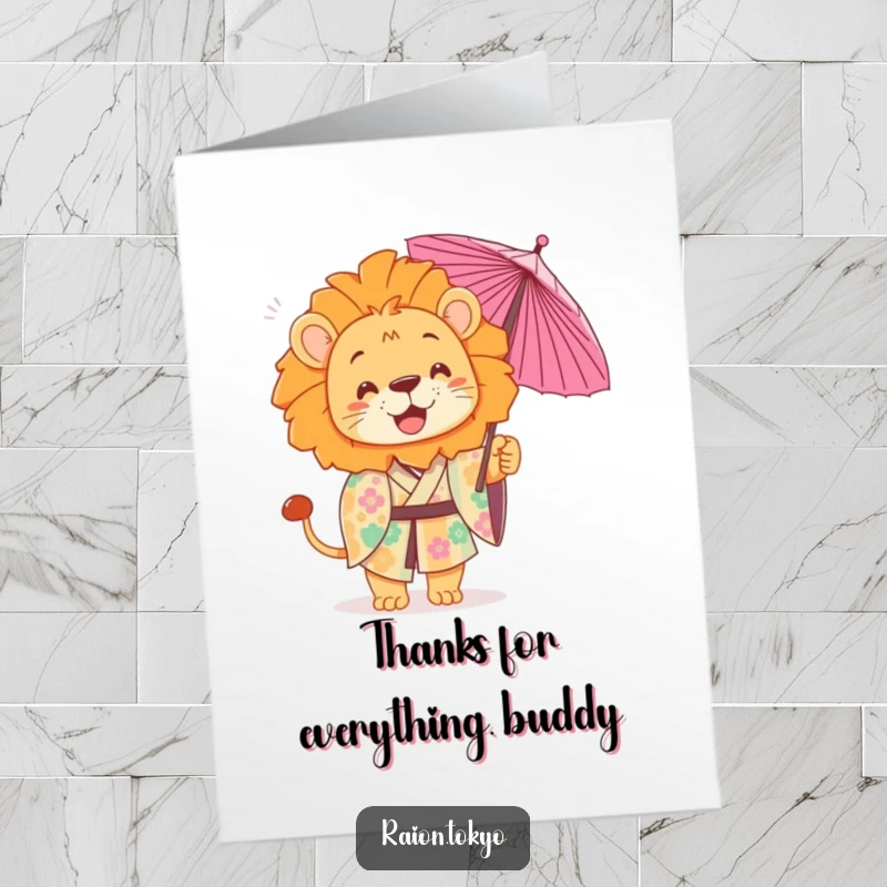 Funny Free Printable Thank You Card: a playful lion in a colorful kimono tossing a delicate paper umbrella, a cheerful downloadable thank you.