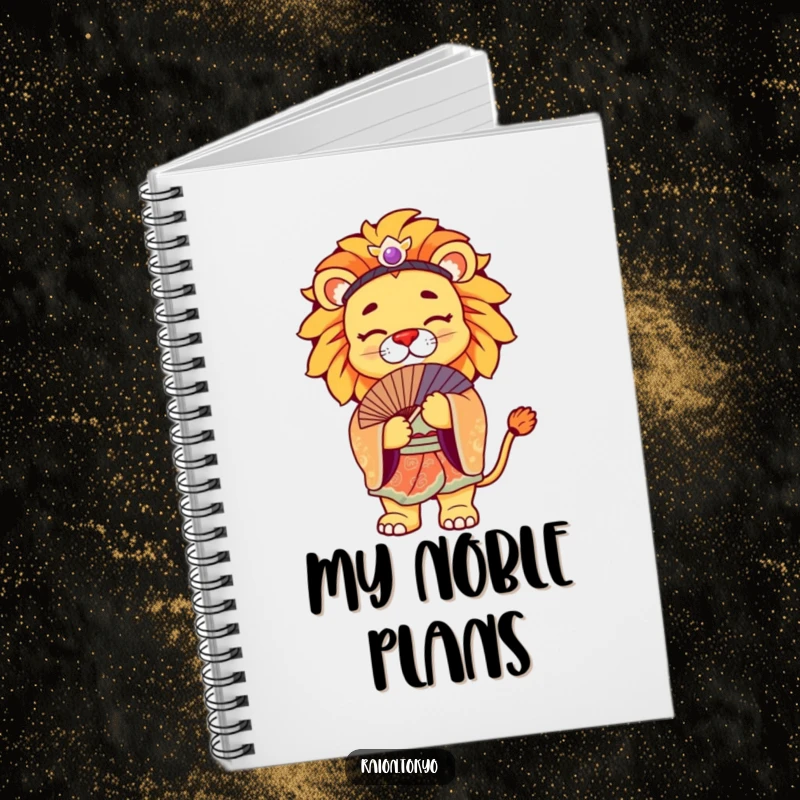 Funny Notebook featuring a regal lion in a vibrant kimono, bowing gracefully with a fan, for journaling.