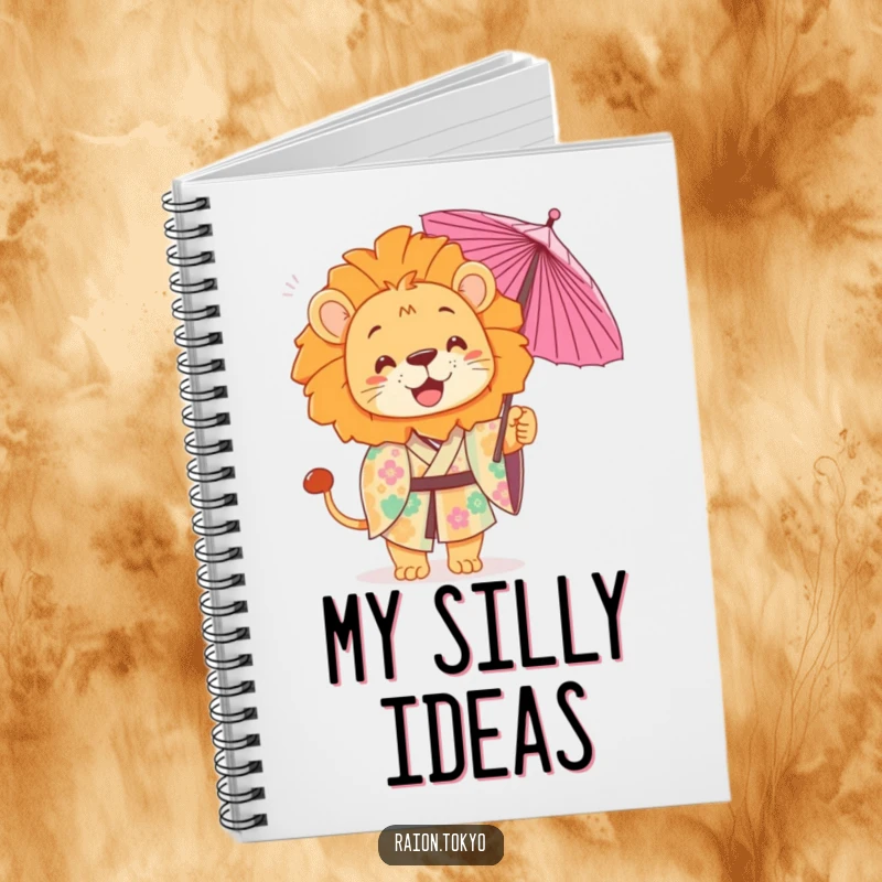 Funny Notebook featuring a playful lion in a colorful kimono, tossing a delicate paper umbrella, for journaling.