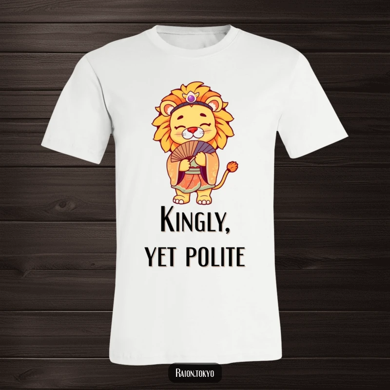 Funny T-Shirt featuring a regal lion in a vibrant kimono, bowing gracefully with a fan, artistic.