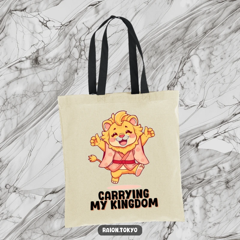 Funny tote bag illustrating a vibrant lion in a beautiful kimono performing a celebratory leap, a beacon of joy.