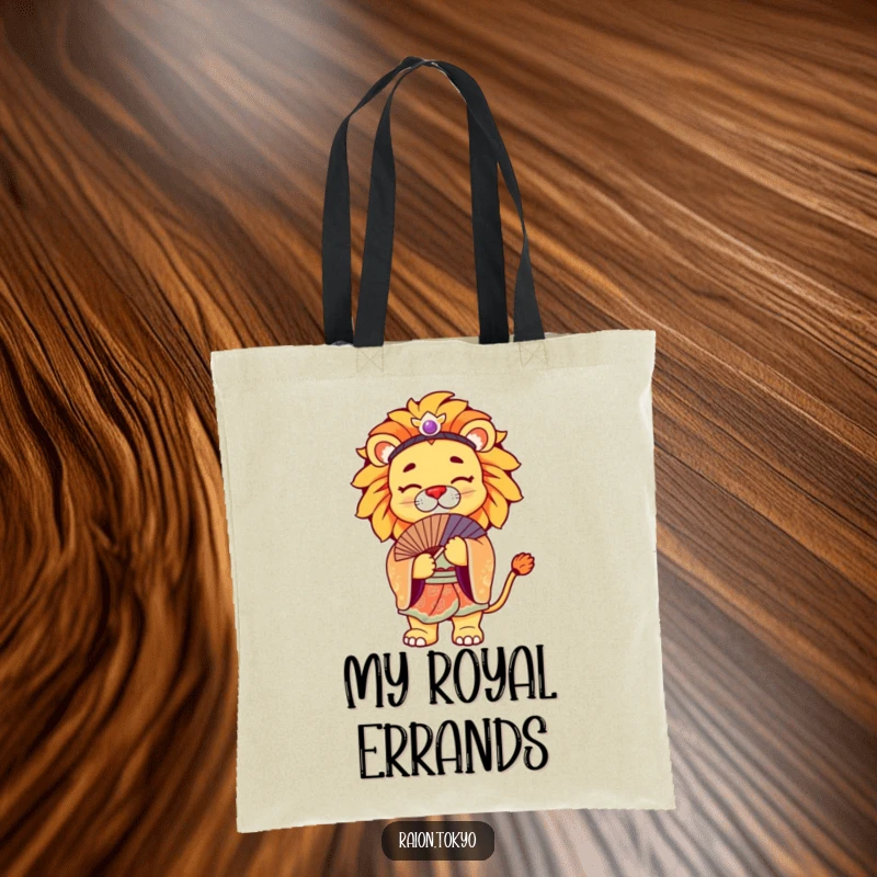 Funny Tote Bag with a regal lion in a vibrant kimono, bowing gracefully, a stylish accessory.